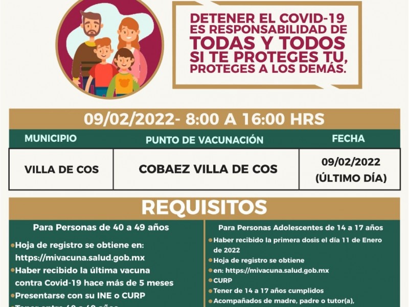 Refuerzo y segunda dosis para adolescentes en Villa de Cos