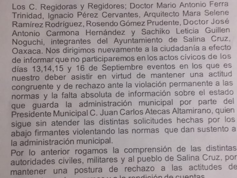 Regidores de SalinaCruz no asistirán a eventos cívicos