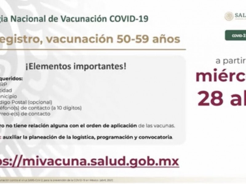 Registran personas de 50 a 59 años para vacunarse