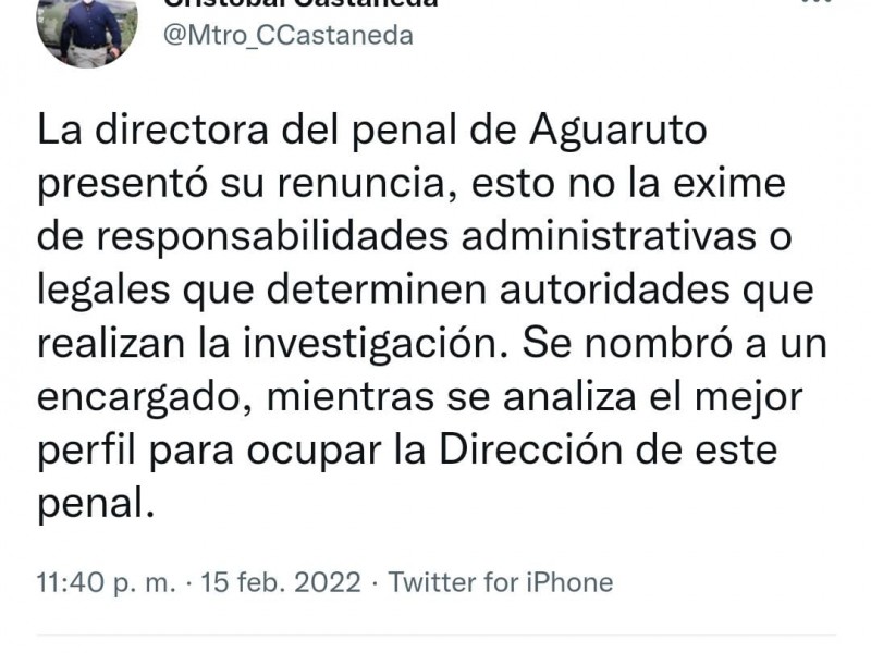 RENUNCIA LA DIRECTORA DEL PENAL DE AGUARUTO