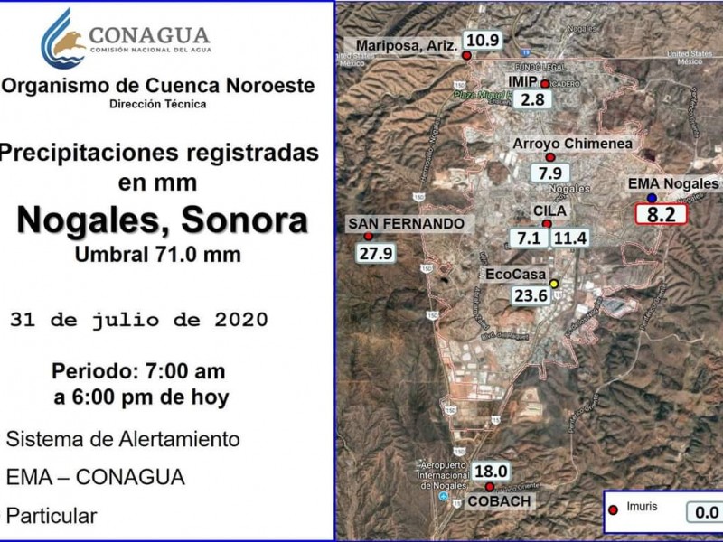Reporta CONAGUA 71 mm de agua por lluvia en Nogales
