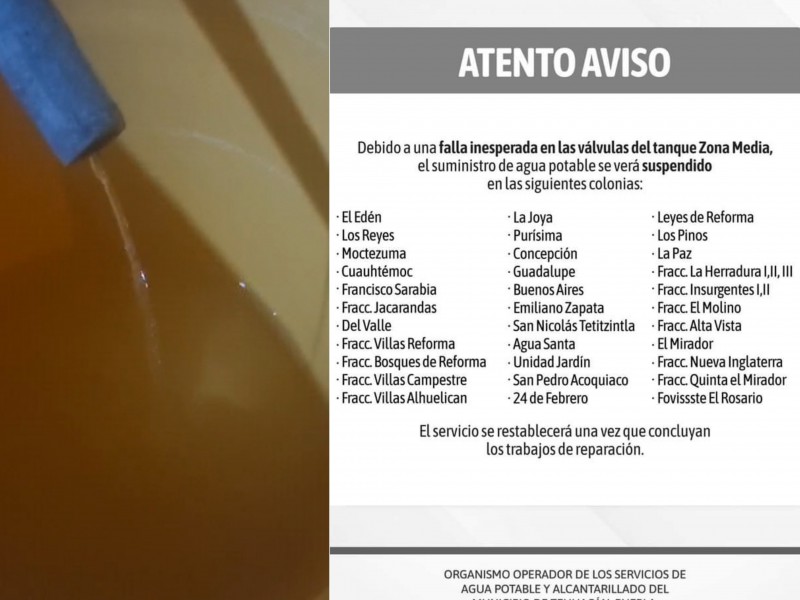 Reportan colonias falta de agua, 37 por falla en tanque