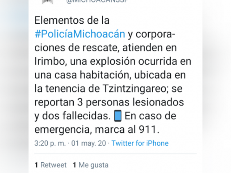 Reportan dos personas fallecidas tras incendio en Irimbo