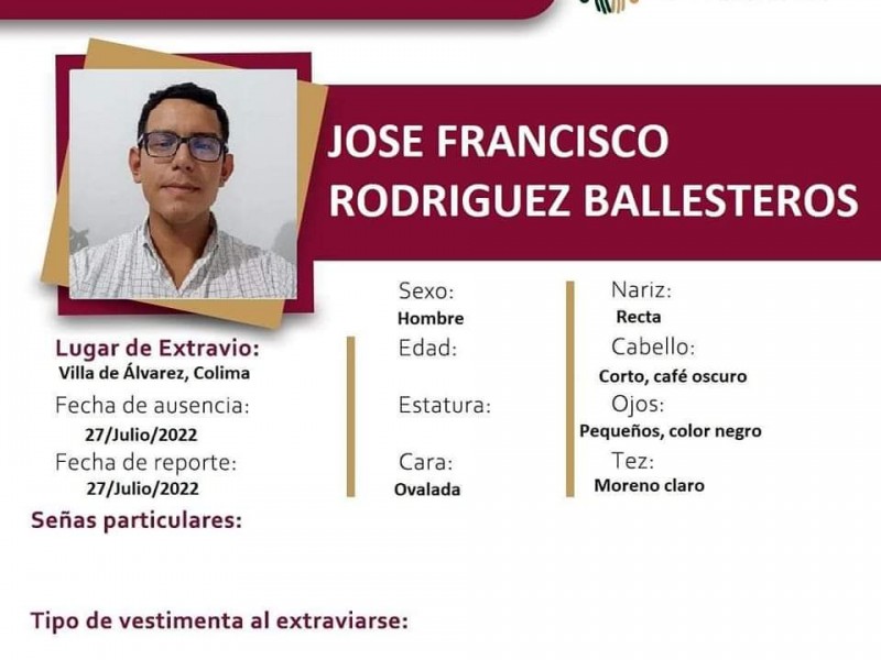 Reportan la desaparición de José Francisco Rodríguez en Colima