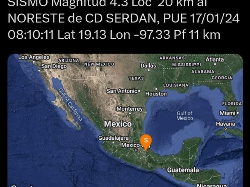 Reportan sismo con epicentro en Ciudad Serdán