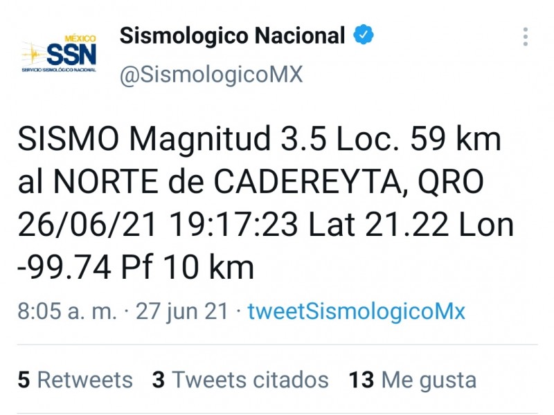 Reportan sismo de 3.5 en Cadereyta