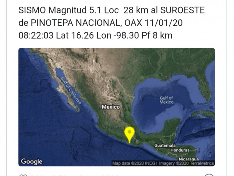 Reportan sismo de magnitud 5.1 en Oaxaca