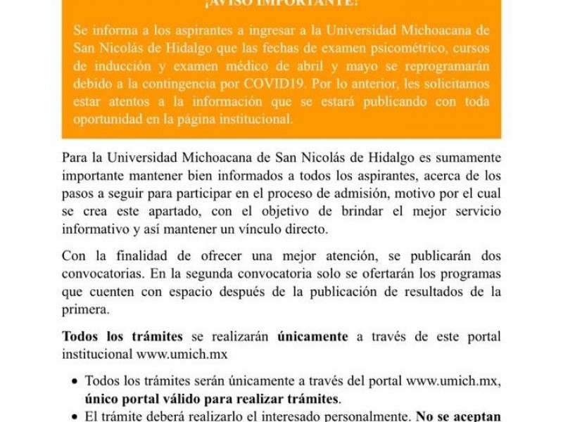 Reprograma UMSNH trámites para trámites de nuevo ingreso