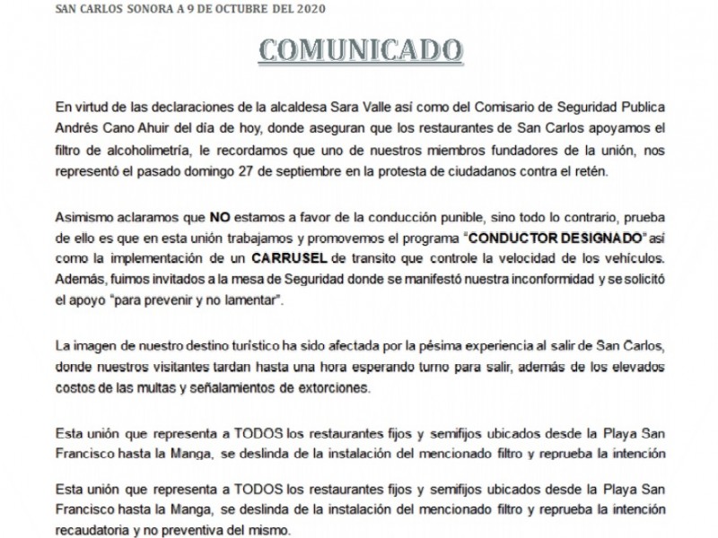 Restauranteros de San Carlos se deslindan de instalación de filtro