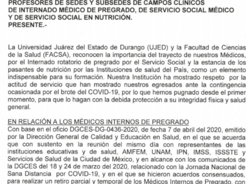 Retira UJED a pasantes de instituciones de salud por COVID-19