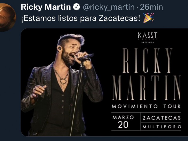 Ricky Martin confirma por redes sociales concierto en Zacatecas