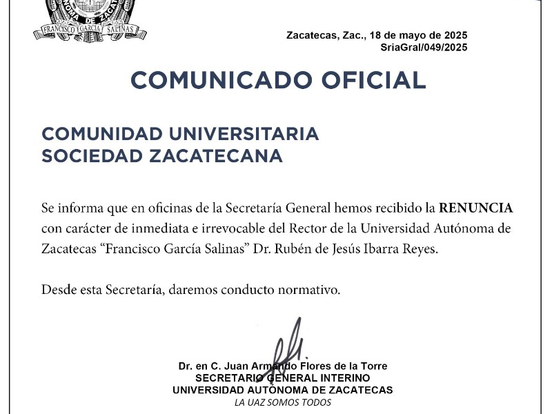 Rubén Ibarra entrega renuncia formal a rectoría de UAZ