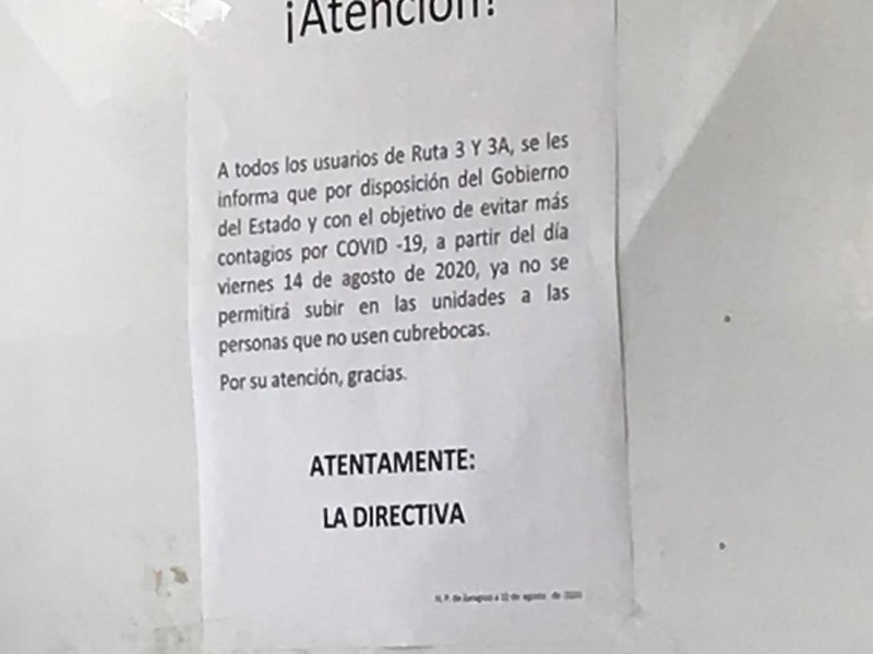 Ruta 3 y 3A no harán paradas a usuarios sincubrebocas