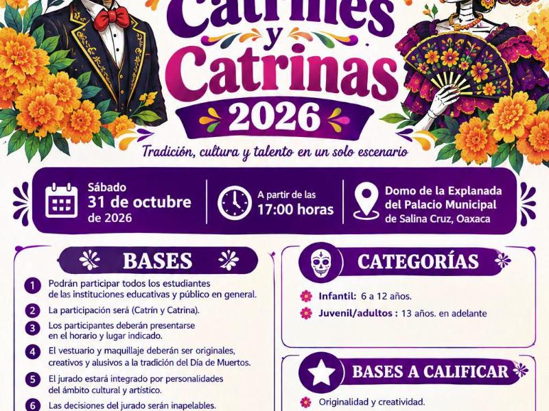 Salina Cruz celebrará la quinta edición del Concurso de Catrines Catrinas 2026