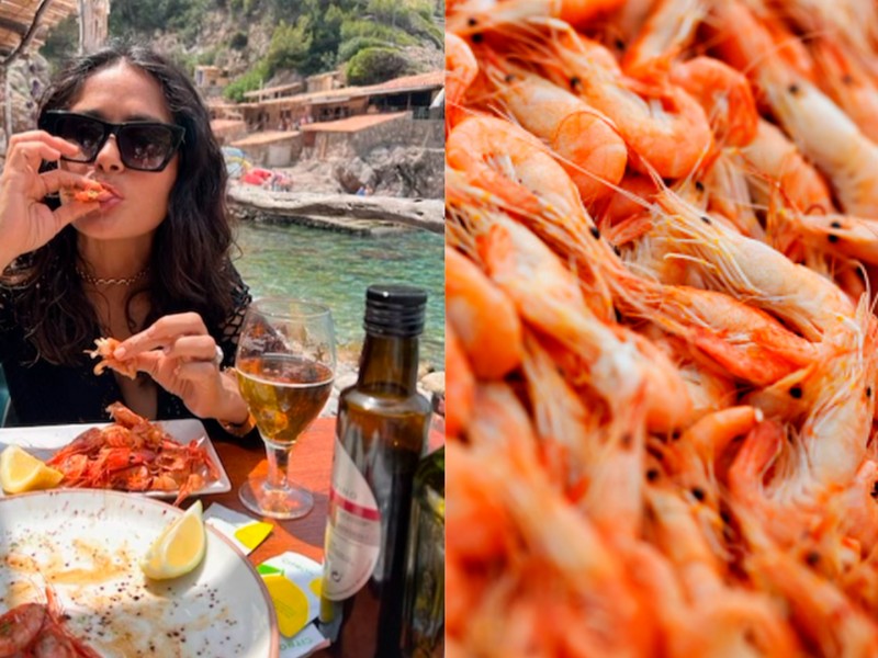 Salma Hayek presume su estilo de comer camarones