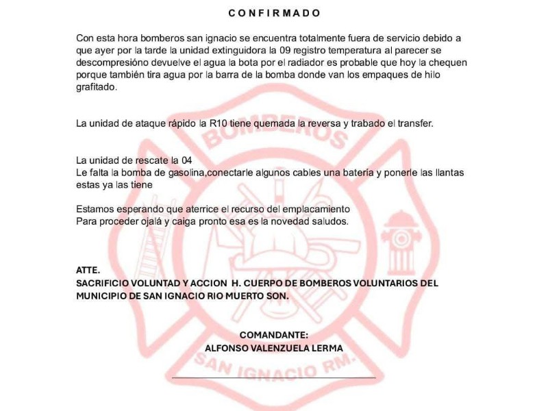 San Ignacio se queda sin servicio de bomberos por fallas