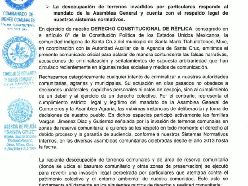 Santa Cruz defiende tierras comunales y rechaza acusaciones de despojo