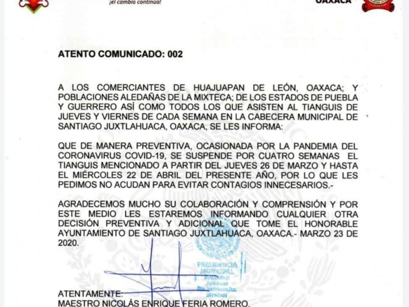Santiago Juxtlahuaca suspende tianguis por Covid-19