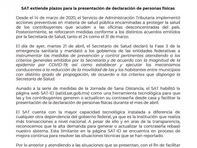 SAT extiende plazo para declaración de personas físicas