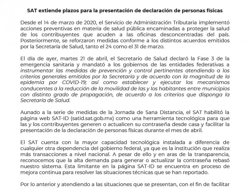 SAT extiende plazo para realizar la declaración de personas físicas