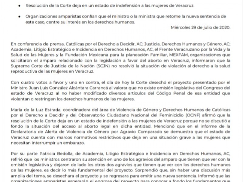 SCJN no resolvió la violación a los derechos reproductivos:Organizaciones Civiles