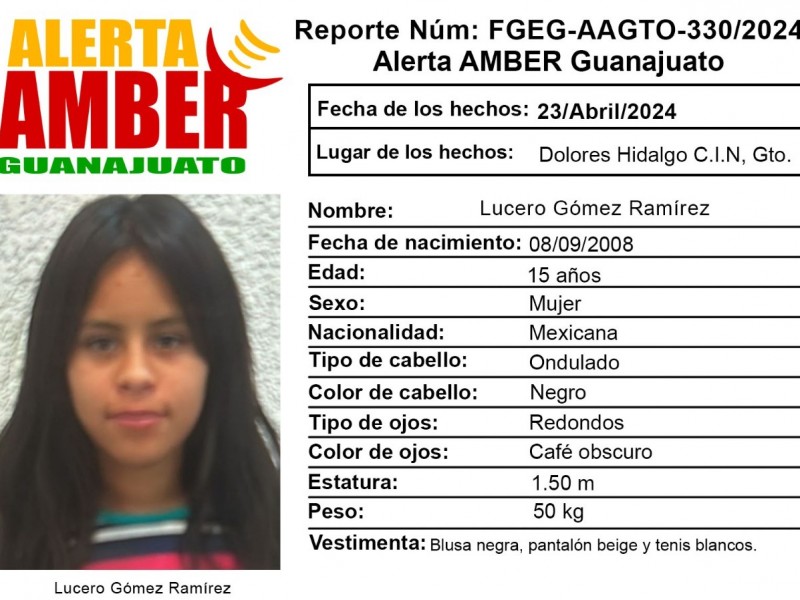 Se activa alerta Amber por Lucero en Dolores Hidalgo