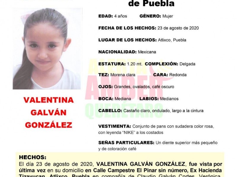 Se activa Alerta AMBER por niña no localizada en Puebla