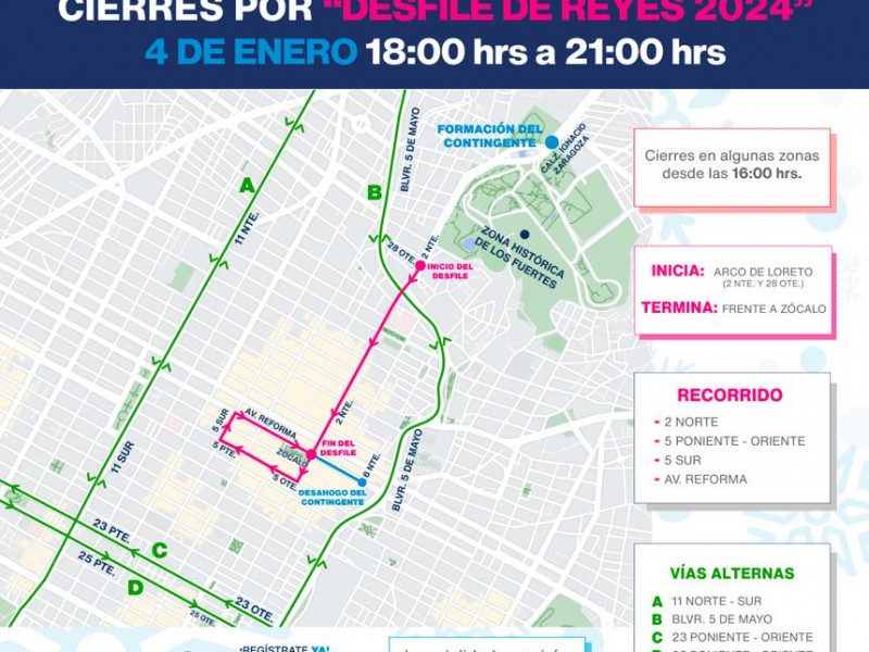 Se aproximan cierres viales, por desfile de reyes