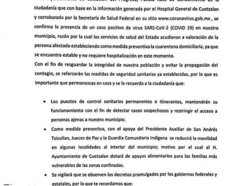Se confirma primer caso de contagiado por COVID-19 en Cuetzalan