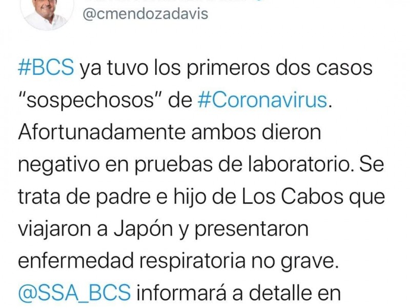 Se descartan dos casos sospechosos de coronavirus en BCS