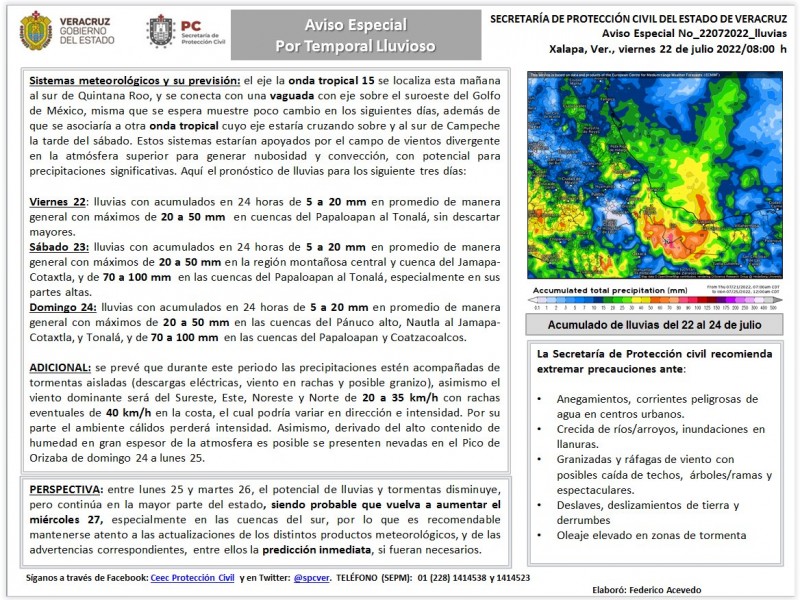 Se emite aviso especial por temporal lluvioso