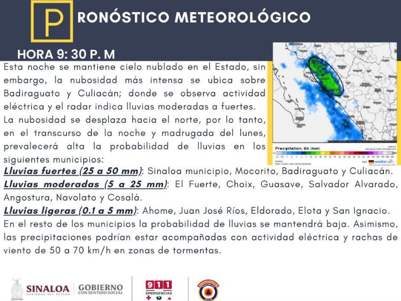Se esperan lluvias fuertes para el centro y norte de Sinaloa