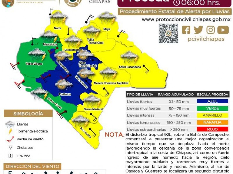 Se esperan lluvias intensas para 8 regiones en Chiapas