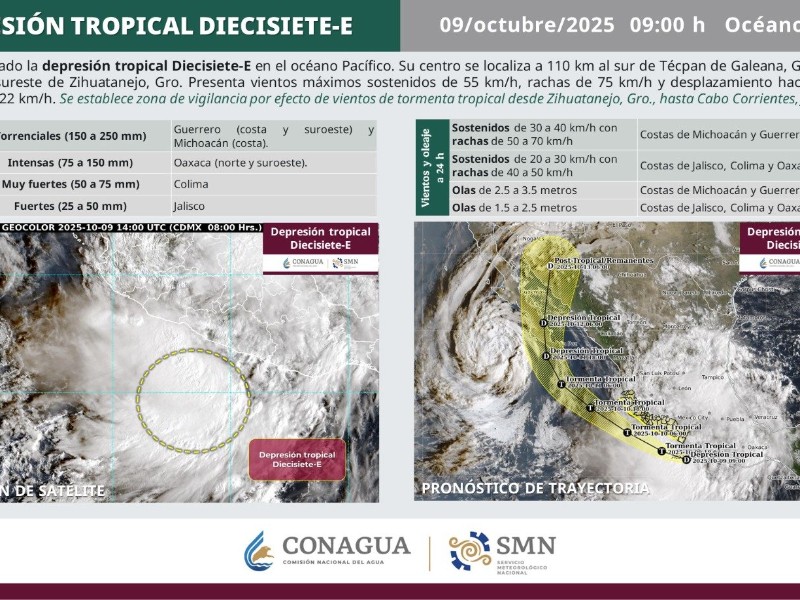 Se forma Depresión Tropical Diecisiete-E,ocasionará lluvias en Colima