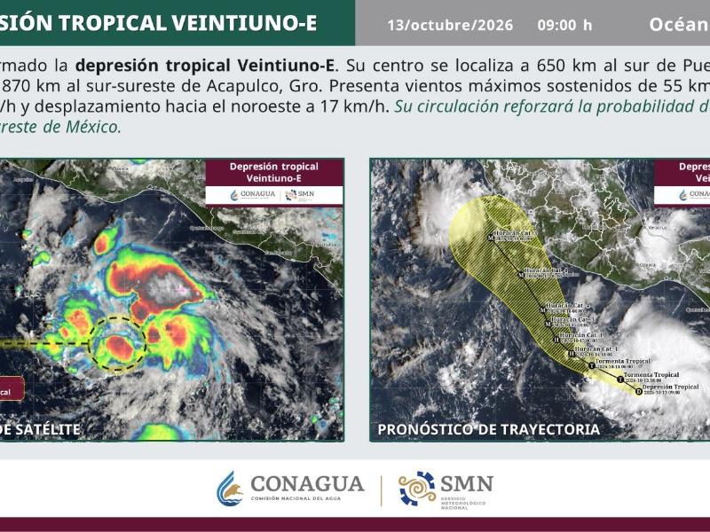 Se forma Depresión Tropical Veintiuno-E en el Pacífico