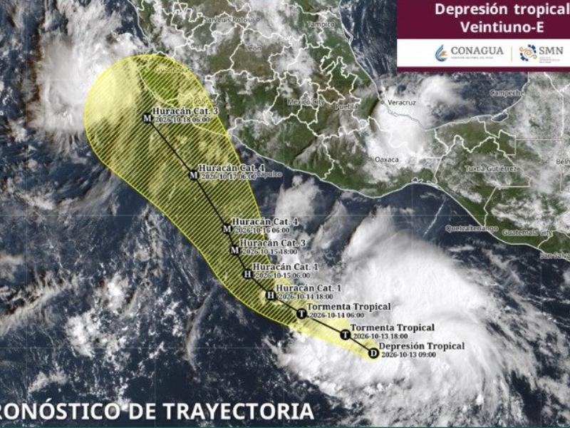Se forma depresión tropical Veintiuno-E en el Pacífico; puede intensificarse a huracán