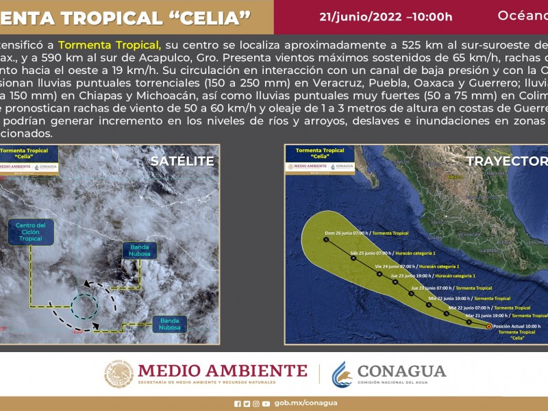 Se intensificó Celia a tormenta tropical frente a Guerrero