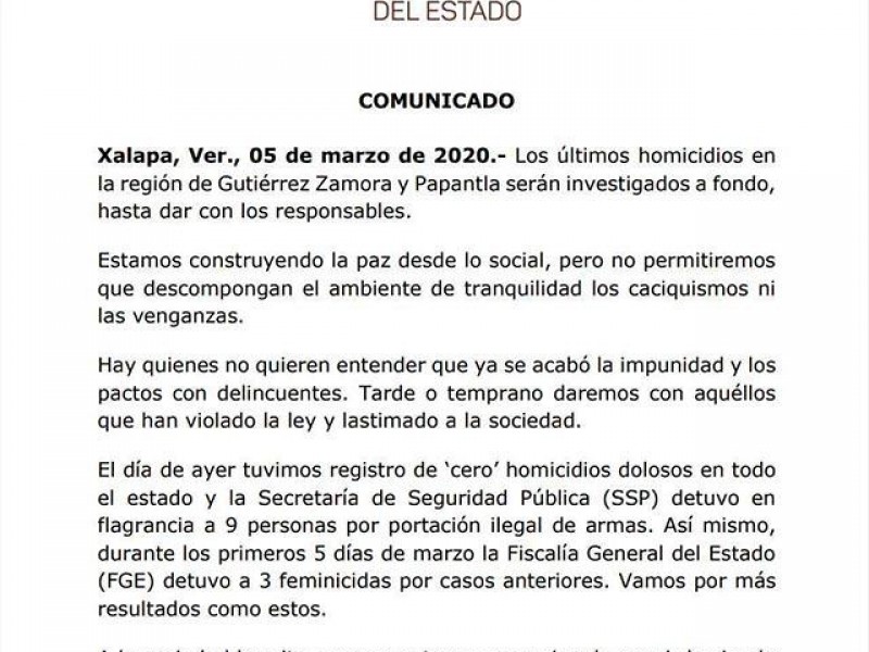 Se investigarán homicidios en zona norte: Gobierno de Veracruz