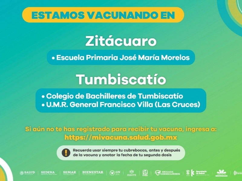 Se mantiene activa la vacunación anti-COVID-19 en Zitácuaro y Tumbiscatío