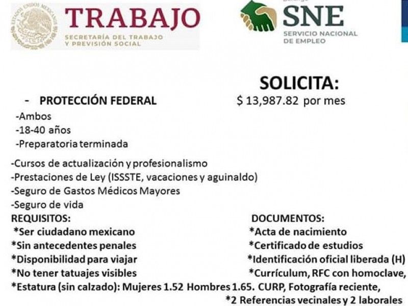 Se ofertan 200 vacantes para Protección Federal