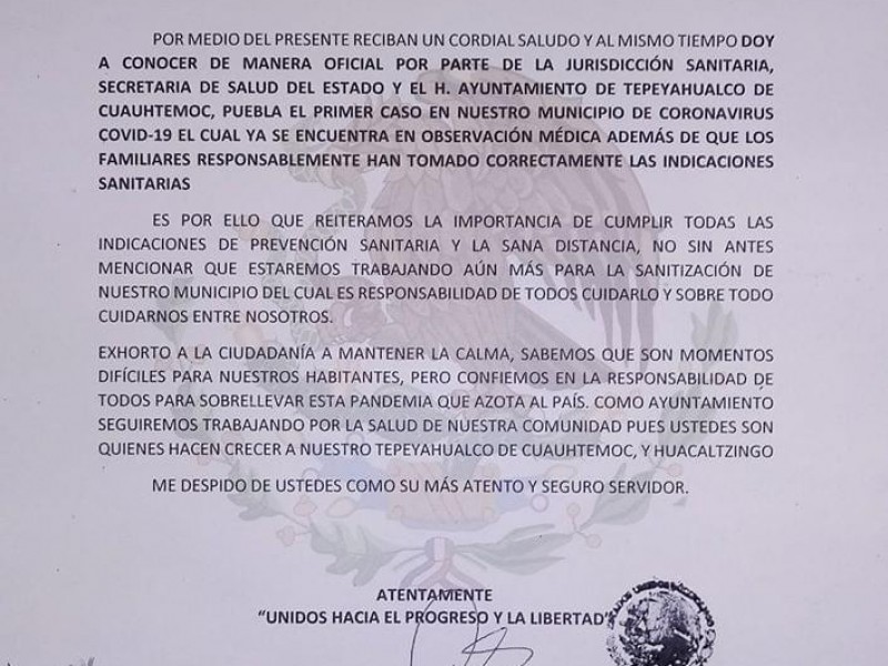 Se presenta primer caso de COVID-19 en Tepeyahualco de Cuauhtémoc