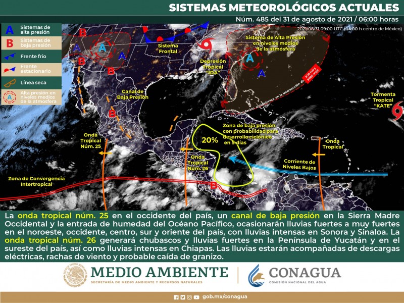 Se prevén lluvias intensas en Sonora, Sinaloa y Chiapas