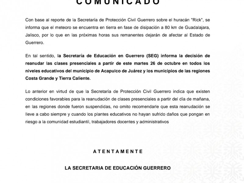 Reanudan clases en Costa Grande, Tierra Caliente y Acapulco