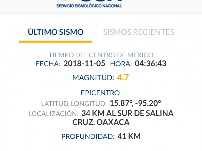Se registra Sismo 4.7 grados en Salina Cruz