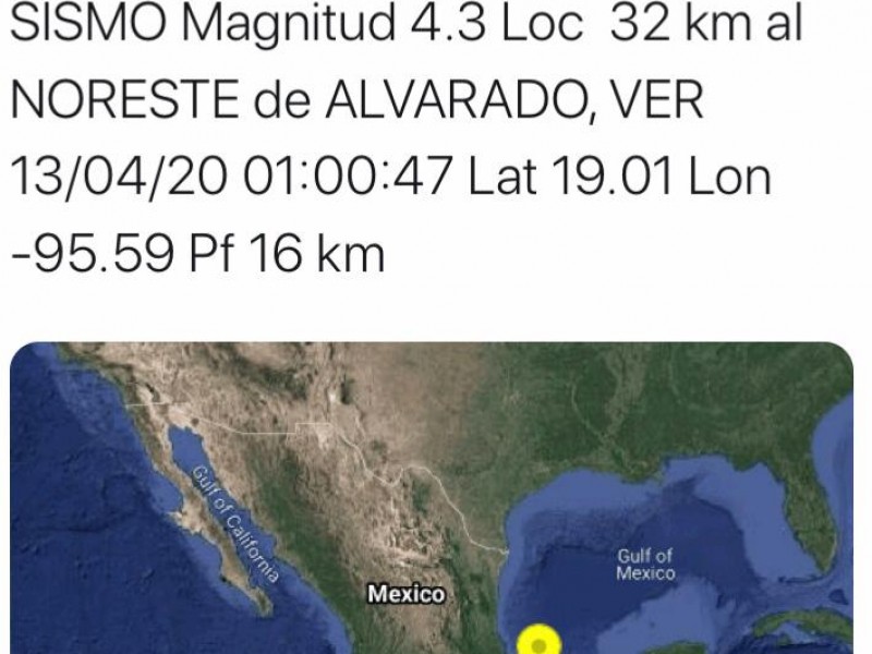 Se registra sismo al noreste Alvarado
