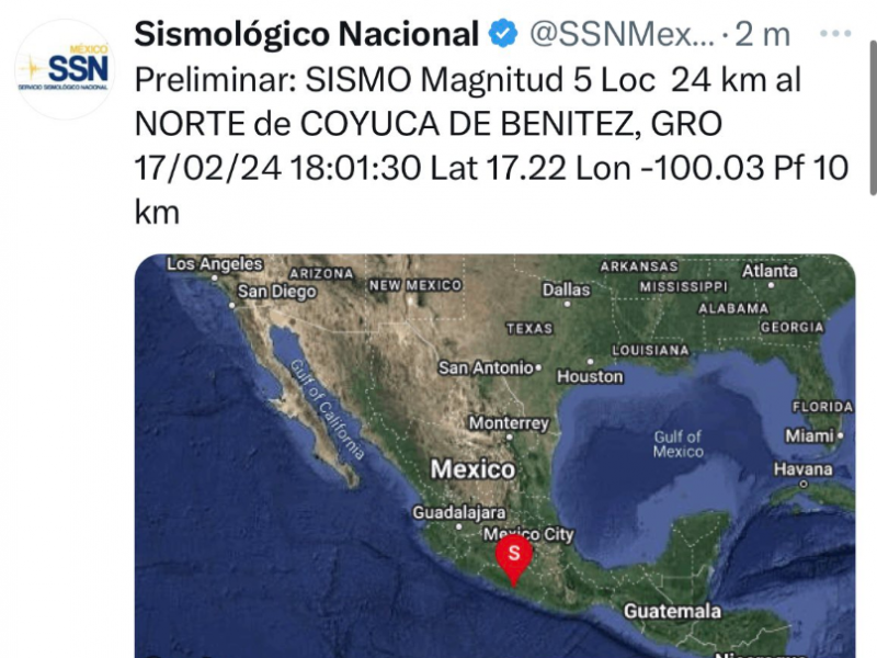 Se registra sismo con epicentro en Coyuca de Benitez
