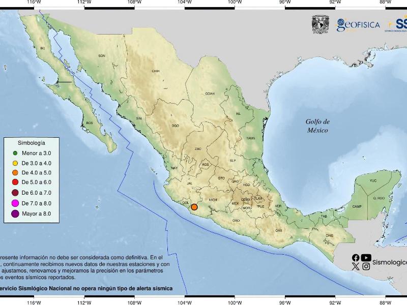 Se registra sismo de 4.8 en Coalcomán y se percibe en Colima