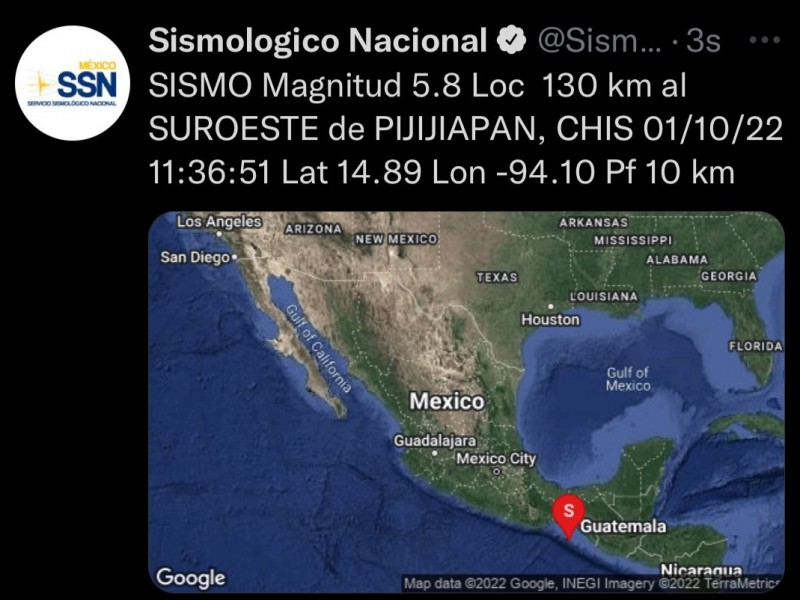 Se registra sismo en Chiapas de 5.8 grados