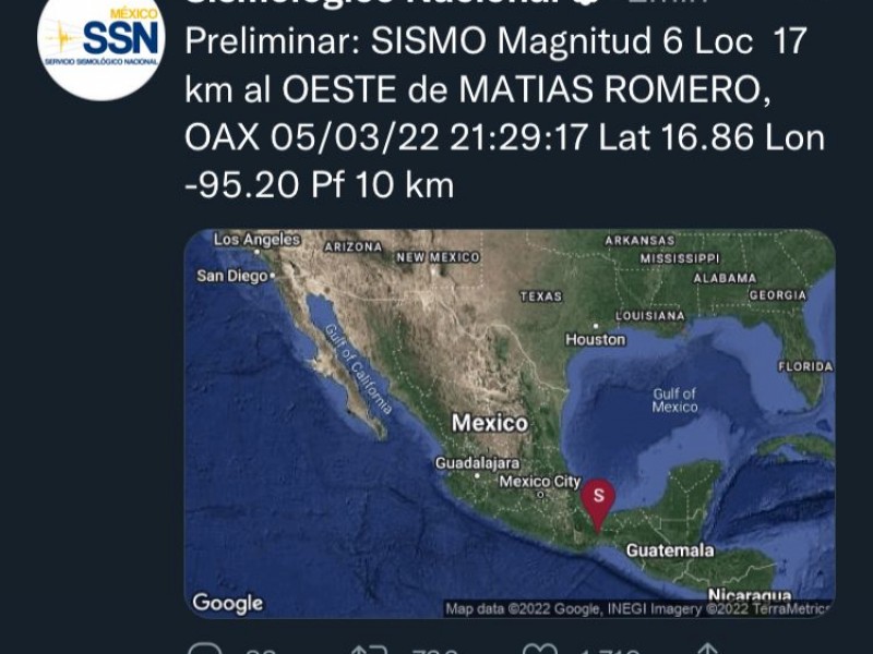 Se registra temblor con epicentro en Matías Romero