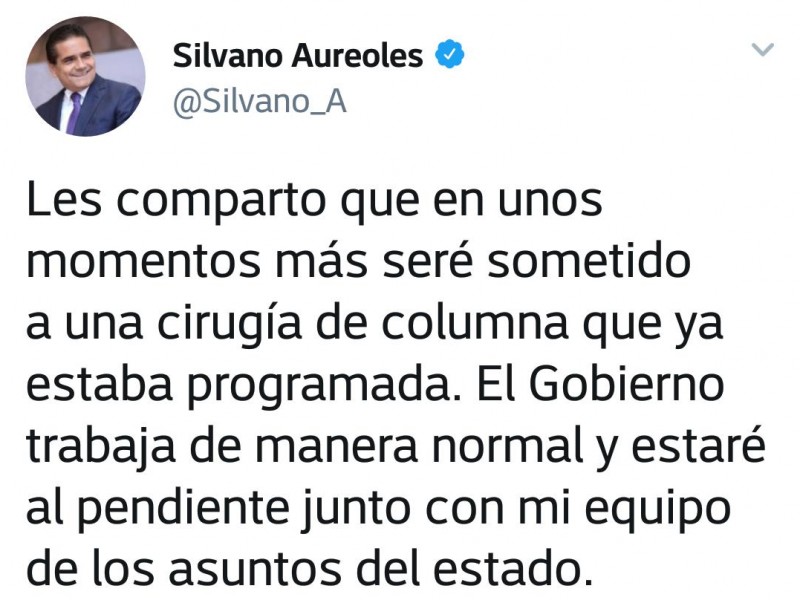 Se someterá Silvano Aureoles a operación de columna